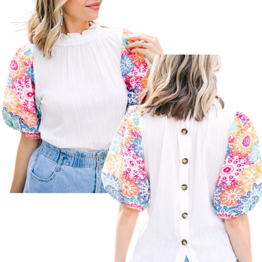 THML Puff Sleeve Top Womens XS White Embroidered Boho Button Back Blouse Bright